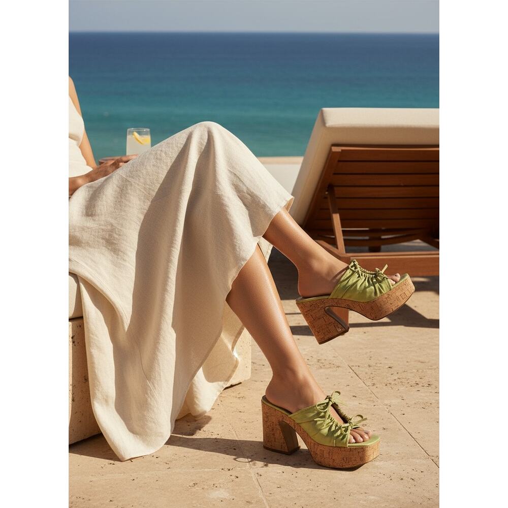 Sam Edelman Dova Platform Sandal Womens 7.5 Lime Green Cork Block Heel Slip On - Picture 2 of 16